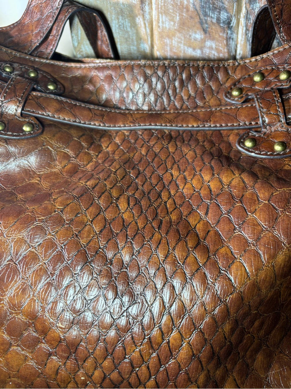 Jessica Simpson Reptilian Brown Textured Faux Leather Satchel Handbag Vegan Bag - Picture 8 of 15